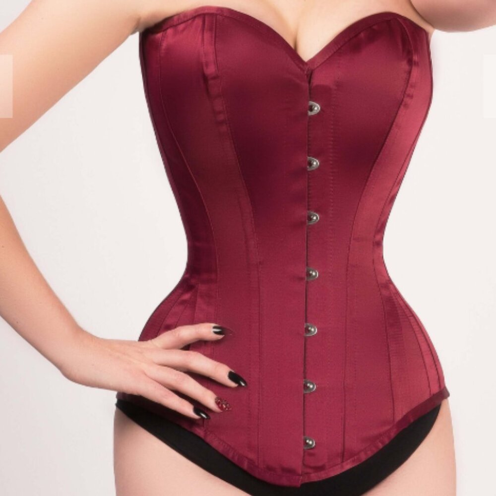 Corset Story Burgundy Satin Longline Steel Boned Overbust Corset Size Small NWOT